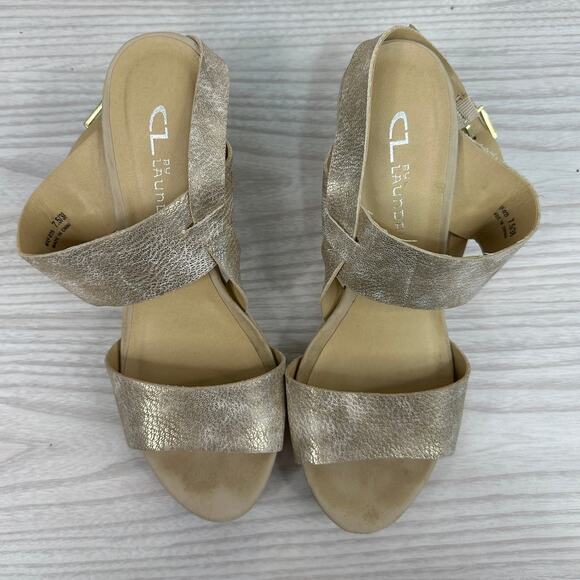 CL by Laundry Heeled Sandals SZ 7.5 Gold Buckled Ankle Strap Cone Heel Slingback - Picture 5 of 8